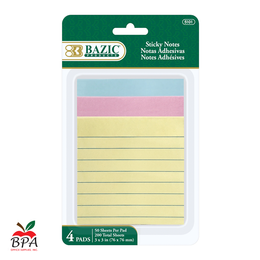 Bazic • Sticky Notes rayado 3" x 3" (colores - 3pk)