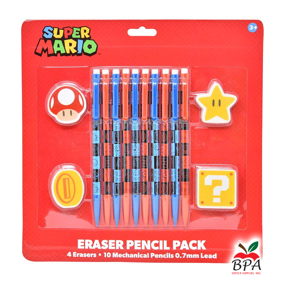 Mario Bros • Lápiz mecánico 0.7mm (set de 10 + 4 gomas de borrar)