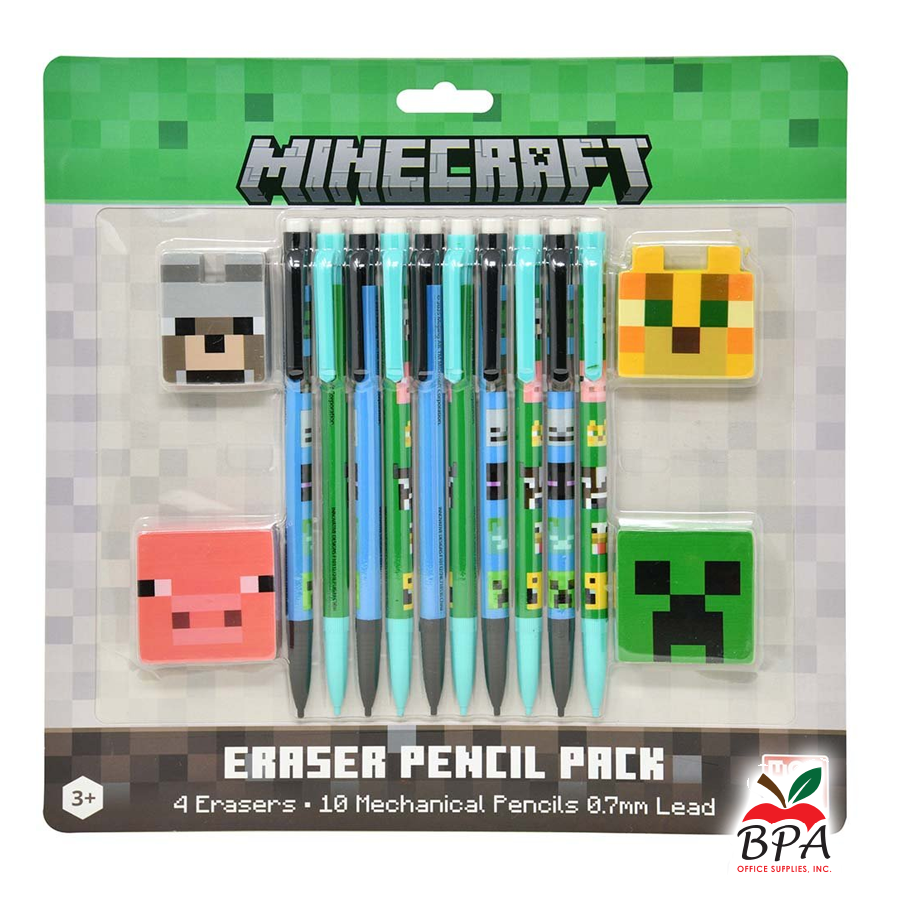 Minecraft • Lápiz mecánico 0.7mm (set de 10 + 4 gomas de borrar)